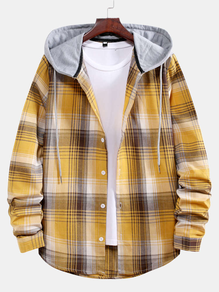 Curved Hem Contrast Hooded Plaid Shirts