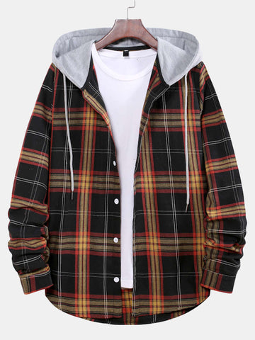 Contrast Patchwork Hooded Plaid Shirts